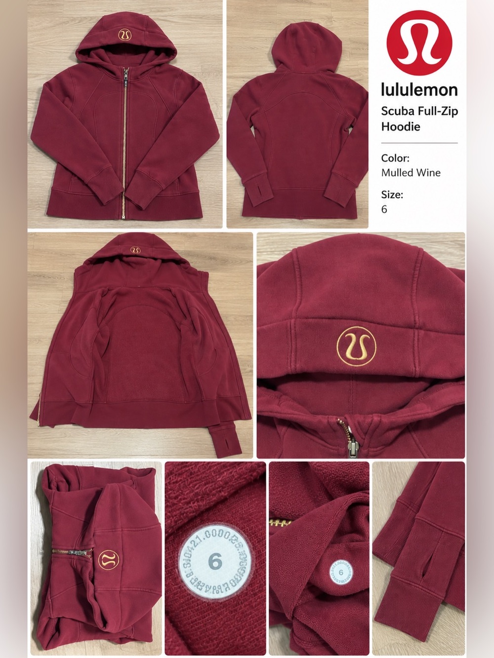 Lululemon Scuba Full-Zip Hoodie – Mulled Wine/Burgundy – Gold Hardware/Logo –6